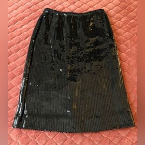 Vintage Lillie Rubin Skirt Black Sequins Below Knee Zip Back Kick Pleat Sz 8
